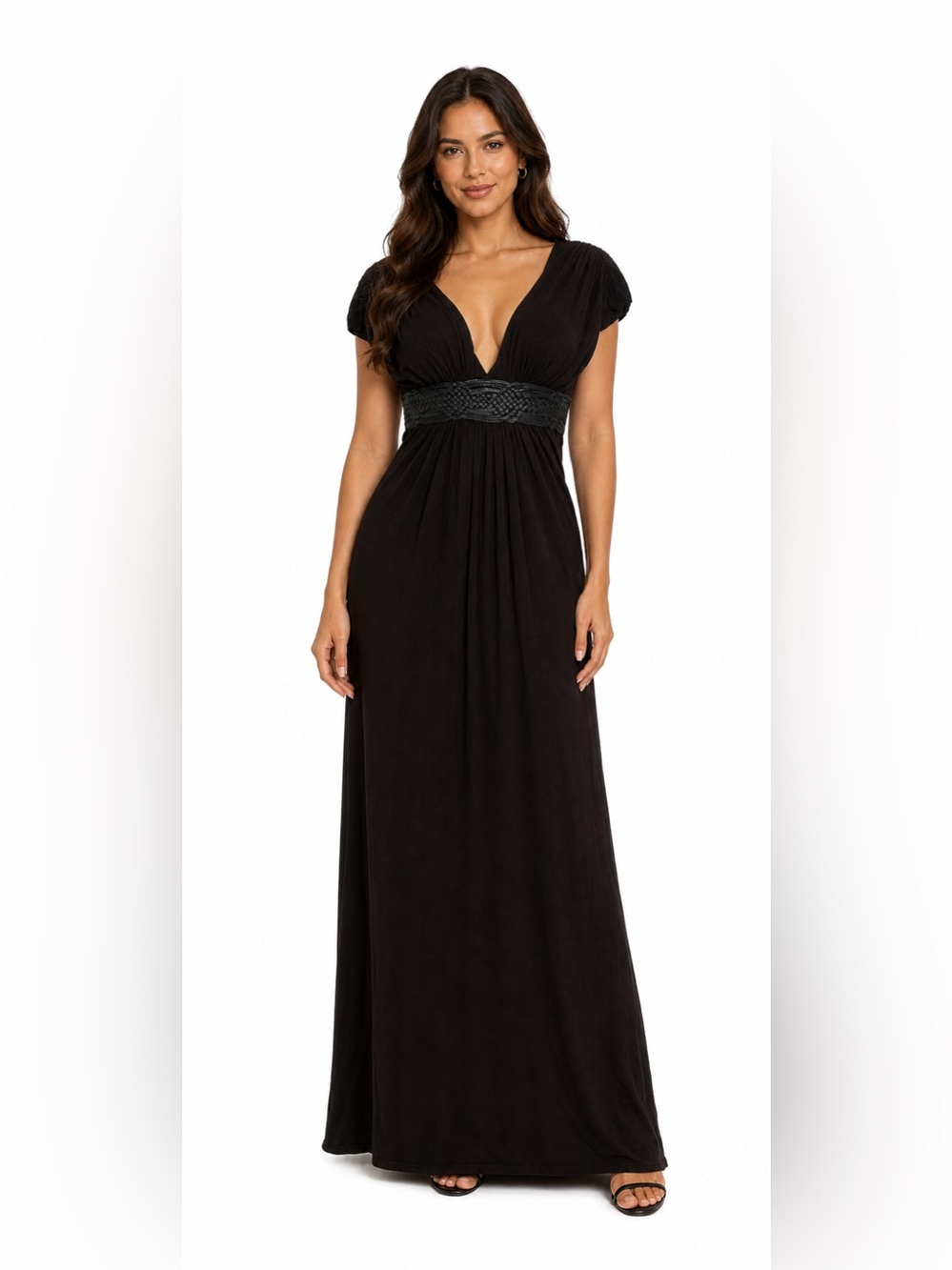 SKY Dress Belt Front Black V neck Sleeveless Midi A line Empire Waist XS